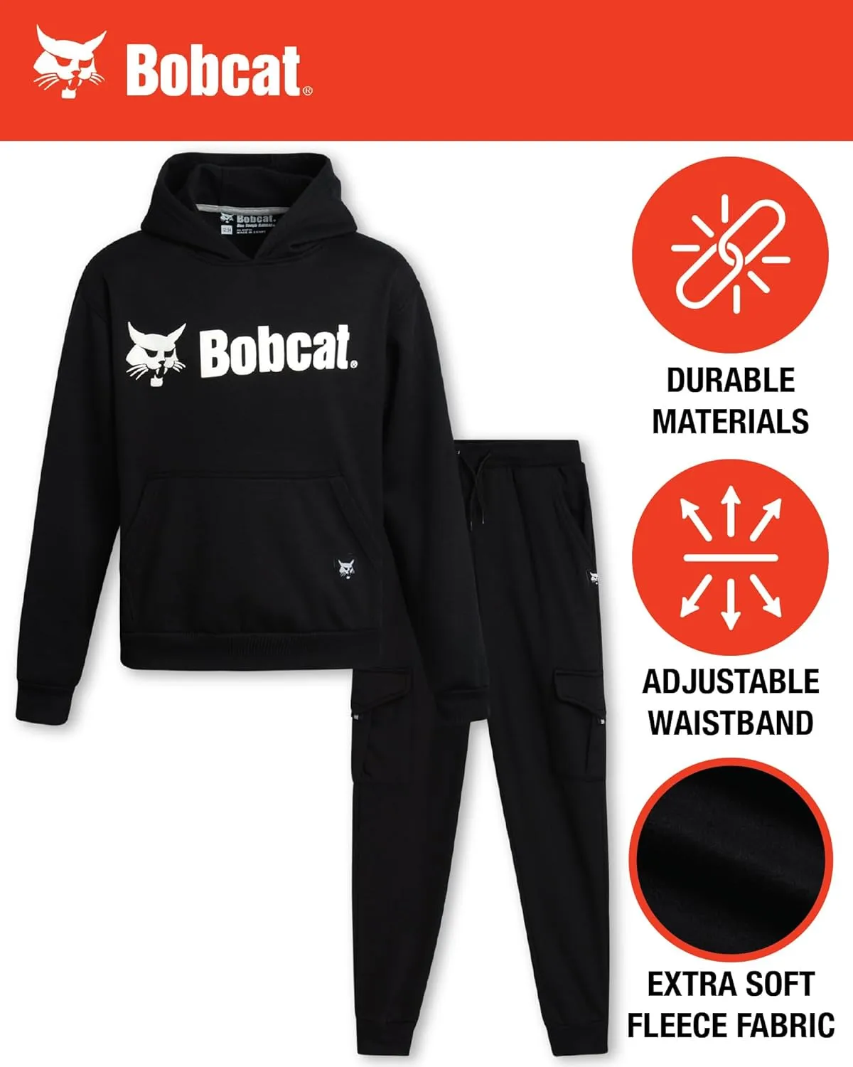 Bobcat Boys' Sweatsuit Set - 2 Piece Fleece Hoodie Sweatshirt and Cargo Jogger Pants - Active Matching Sets for Boys (8-18)