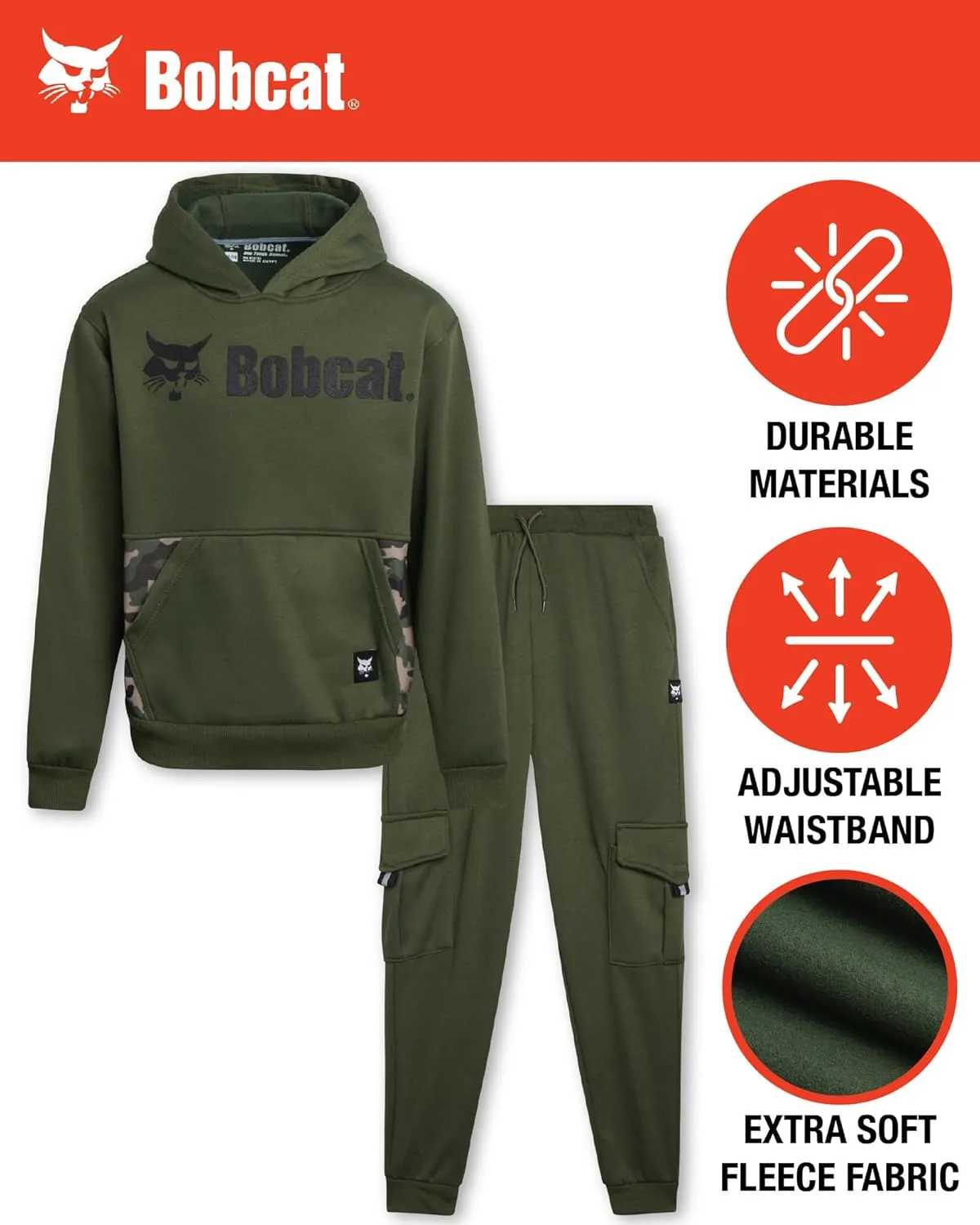 Bobcat Boys' Sweatsuit Set - 2 Piece Fleece Hoodie Sweatshirt and Cargo Jogger Pants - Active Matching Sets for Boys (8-18)