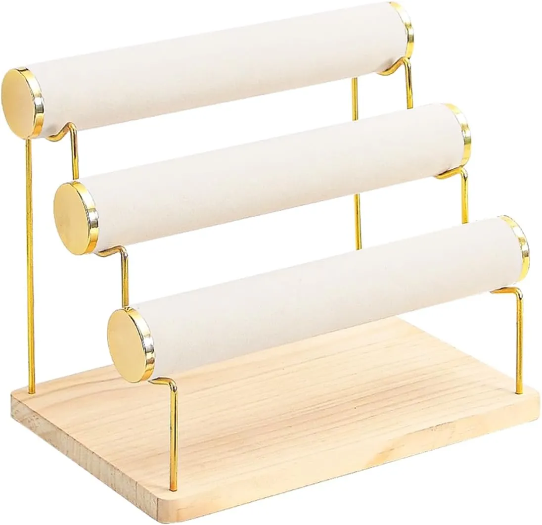 Bracelet Holder, Bracelet Displays for Vendors, 3 Tier Jewelry Organizer Stand for Selling, Jewelry Necklaces Storage Rack with Wood Base (Beige Gold)