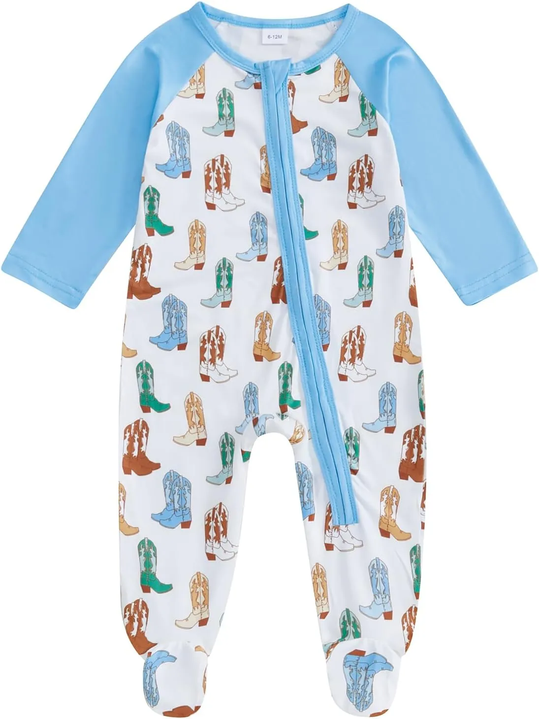 BULINGNA Newborn Infant Baby Boy Fall Footie Jumpsuit Patchwork Zip Up Boots Print Western Cowboy Romper One Piece Outfit