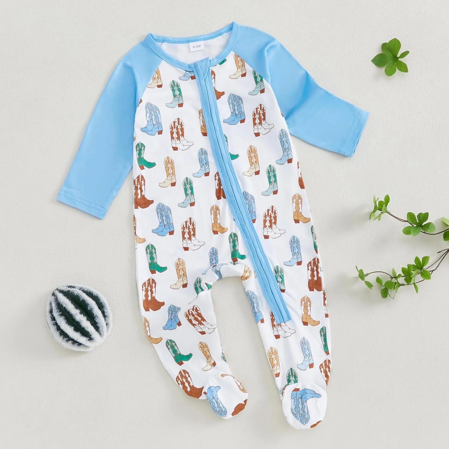 BULINGNA Newborn Infant Baby Boy Fall Footie Jumpsuit Patchwork Zip Up Boots Print Western Cowboy Romper One Piece Outfit