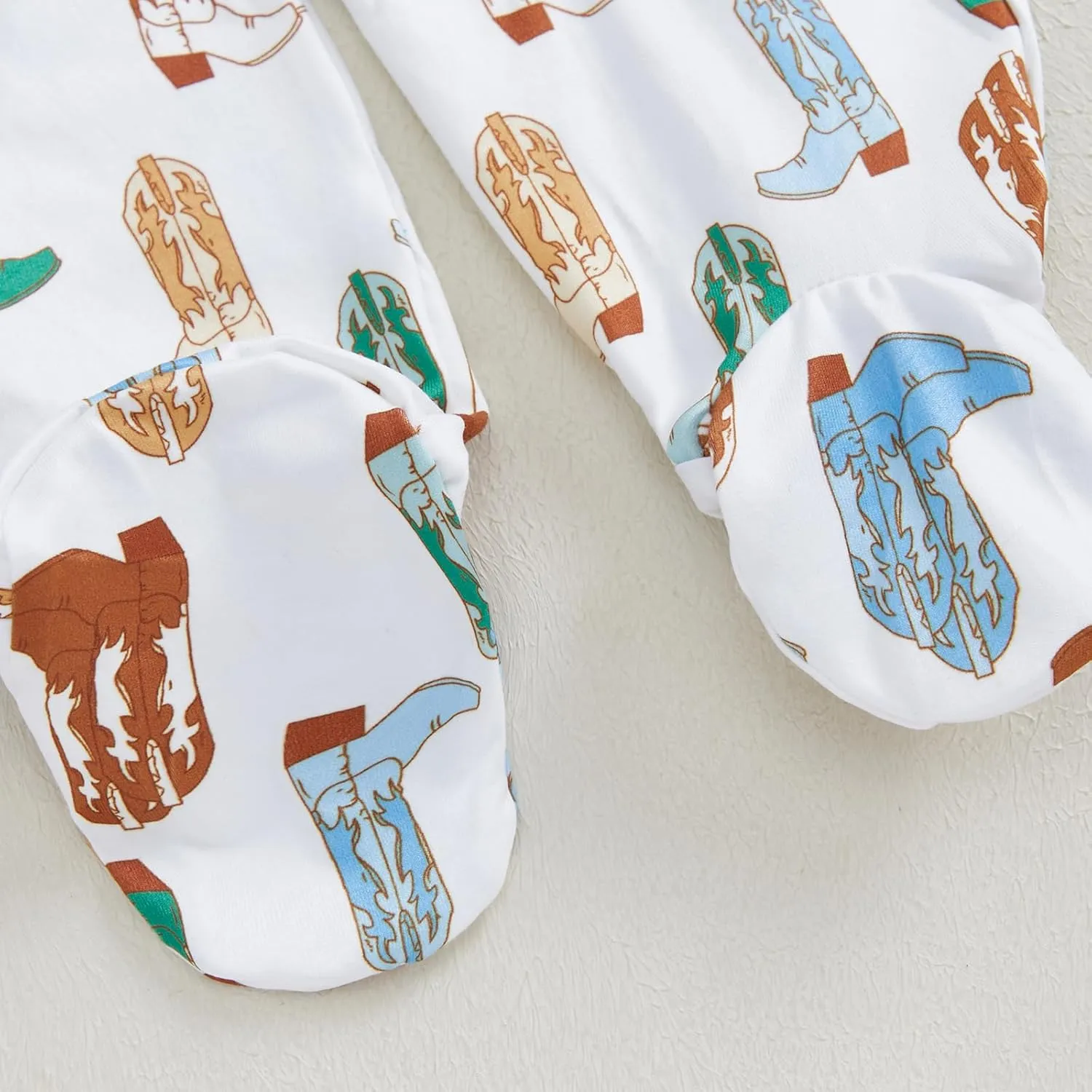 BULINGNA Newborn Infant Baby Boy Fall Footie Jumpsuit Patchwork Zip Up Boots Print Western Cowboy Romper One Piece Outfit