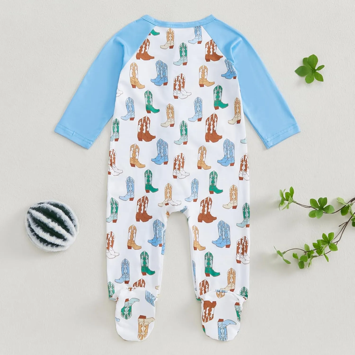BULINGNA Newborn Infant Baby Boy Fall Footie Jumpsuit Patchwork Zip Up Boots Print Western Cowboy Romper One Piece Outfit