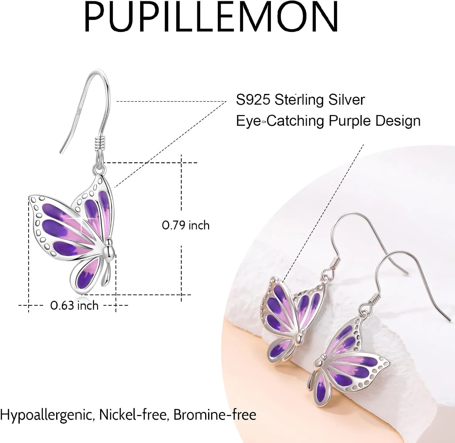 Butterfly Earrings, 925 Sterling Silver White Gold Plated Butterfly Dangle Earrings for Women Lovers of Butterflies