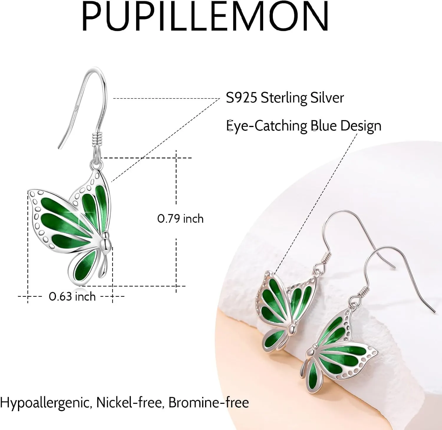 Butterfly Earrings, 925 Sterling Silver White Gold Plated Butterfly Dangle Earrings for Women Lovers of Butterflies