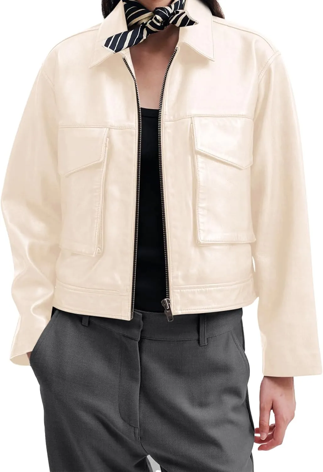 BZB Womens Faux Leather Motorcycle Jacket 2025 Trendy Pockets Bomber Zip Up Cropped Jackets Coat Outerwear