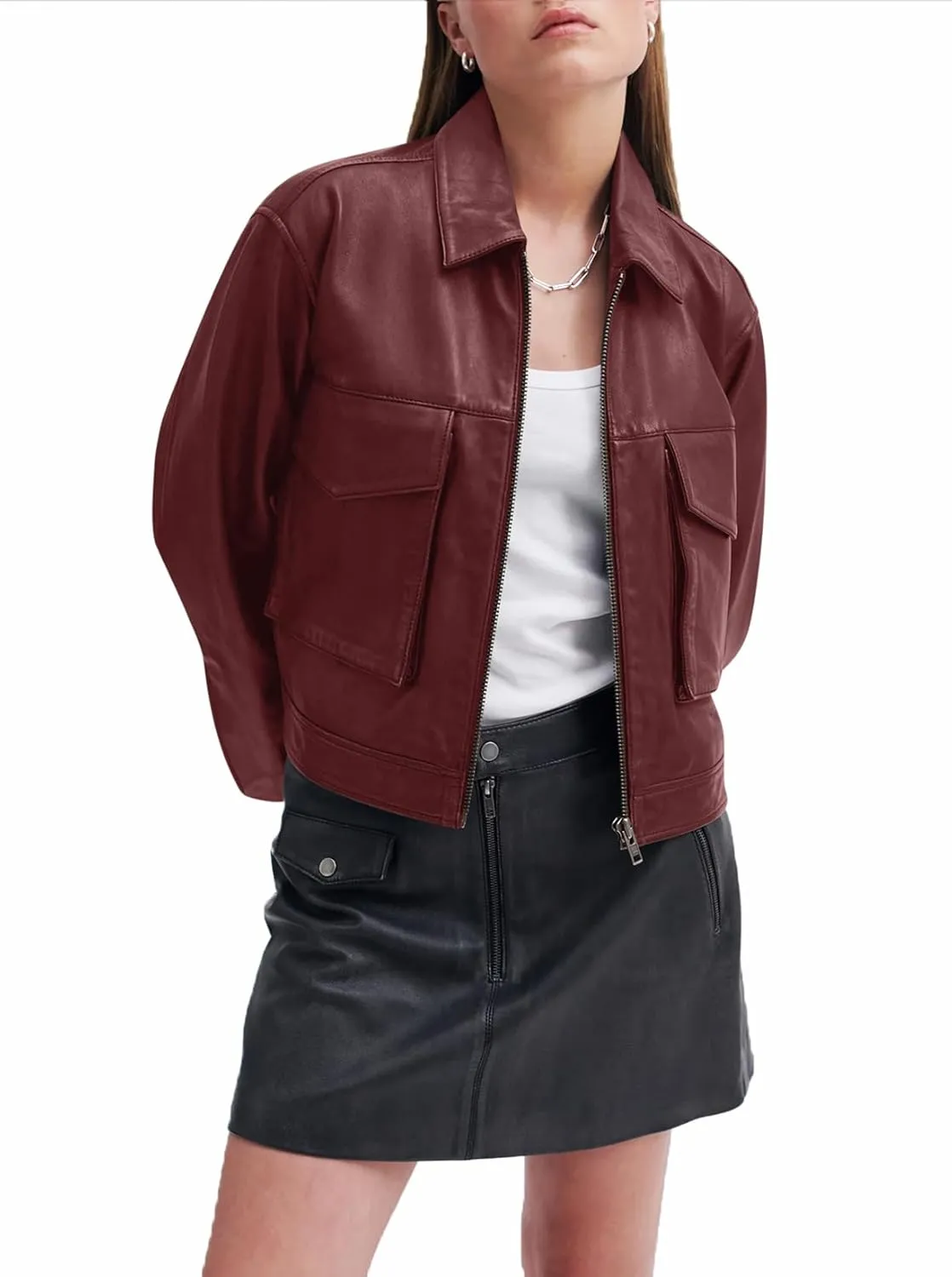 BZB Womens Faux Leather Motorcycle Jacket 2025 Trendy Pockets Bomber Zip Up Cropped Jackets Coat Outerwear