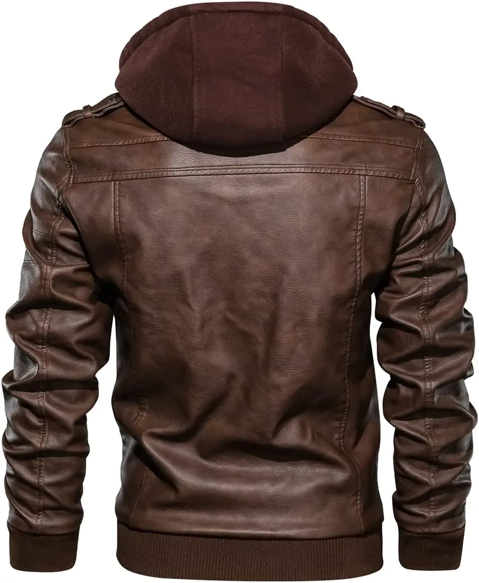 CARWORNIC Men's Faux Leather Jacket Casual Brown Motorcycle Jacket with Removable Hood