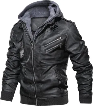 CARWORNIC Men's Faux Leather Jacket Casual Brown Motorcycle Jacket with Removable Hood