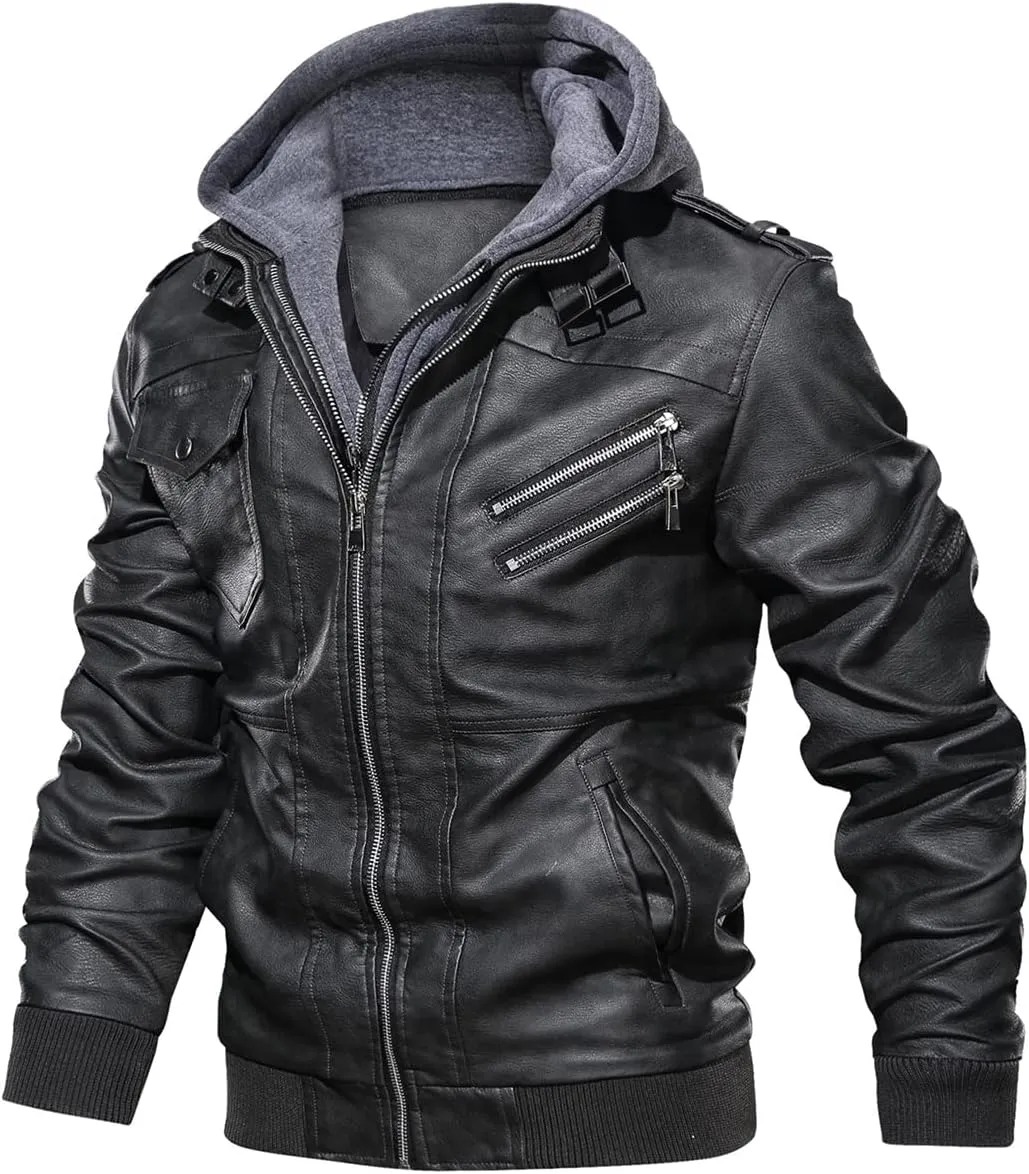 CARWORNIC Men's Faux Leather Jacket Casual Brown Motorcycle Jacket with Removable Hood