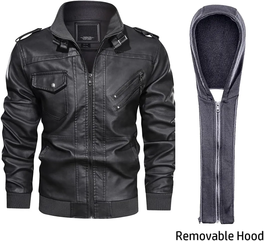 CARWORNIC Men's Faux Leather Jacket Casual Brown Motorcycle Jacket with Removable Hood