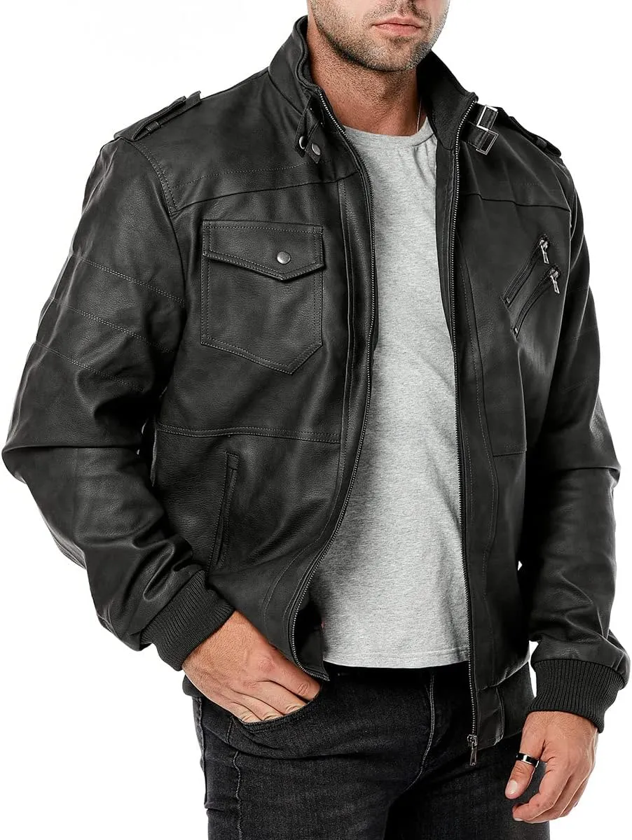CARWORNIC Men's Faux Leather Jacket Casual Brown Motorcycle Jacket with Removable Hood