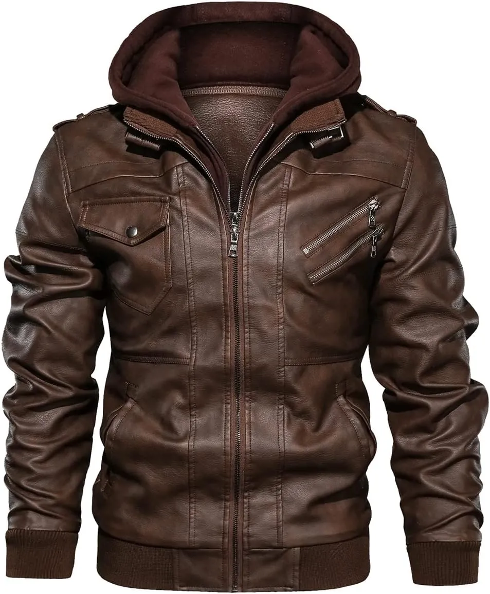 CARWORNIC Men's Faux Leather Jacket Casual Brown Motorcycle Jacket with Removable Hood