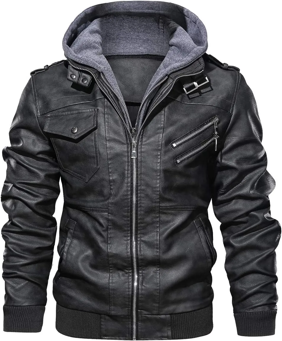 CARWORNIC Men's Faux Leather Jacket Casual Brown Motorcycle Jacket with Removable Hood