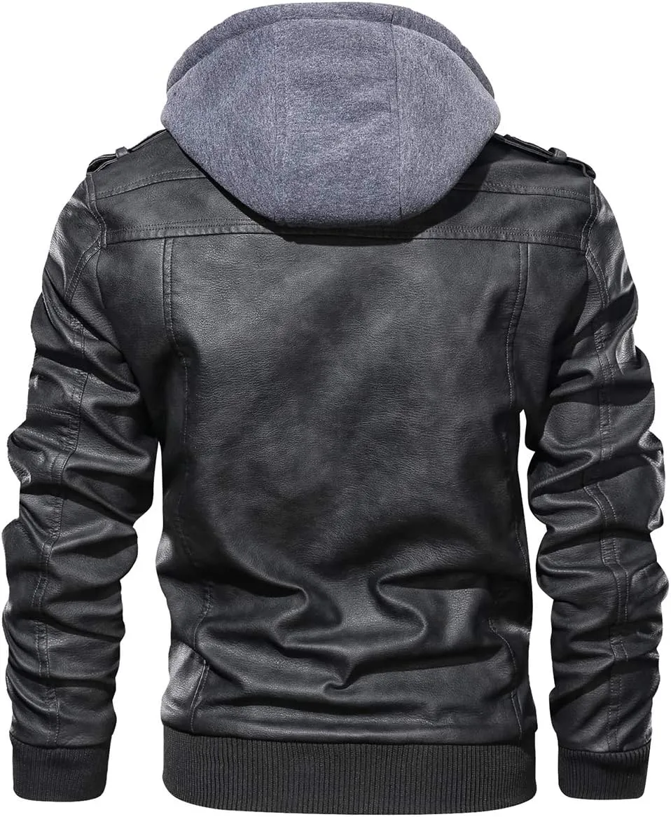 CARWORNIC Men's Faux Leather Jacket Casual Brown Motorcycle Jacket with Removable Hood