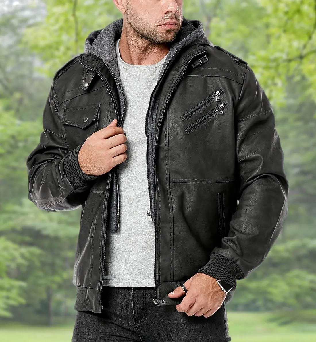 CARWORNIC Men's Faux Leather Jacket Casual Brown Motorcycle Jacket with Removable Hood