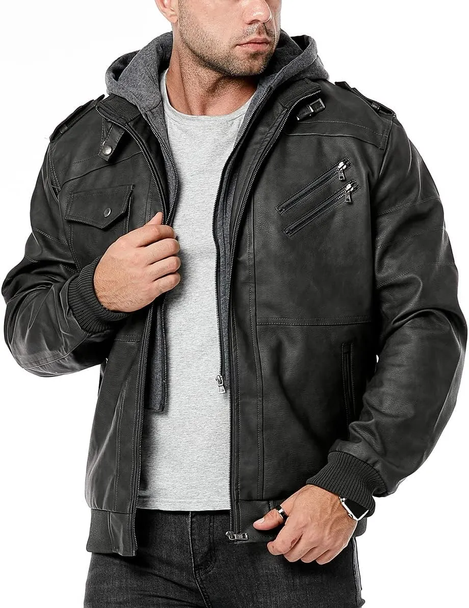 CARWORNIC Men's Faux Leather Jacket Casual Brown Motorcycle Jacket with Removable Hood