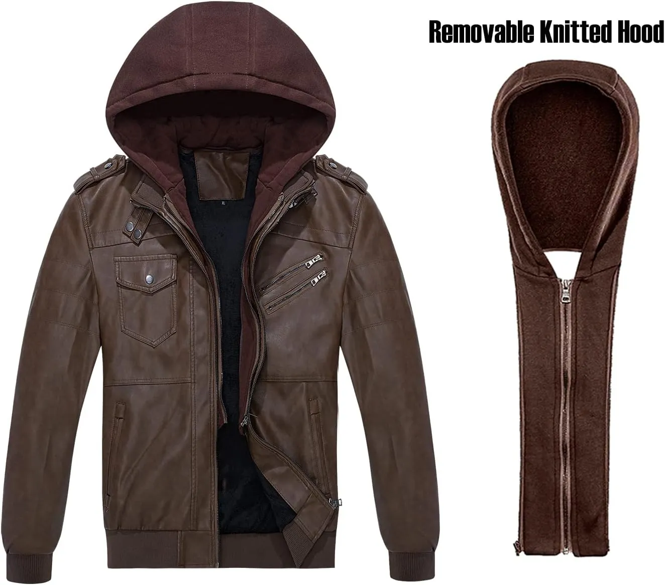 CARWORNIC Men's Faux Leather Jacket Casual Brown Motorcycle Jacket with Removable Hood