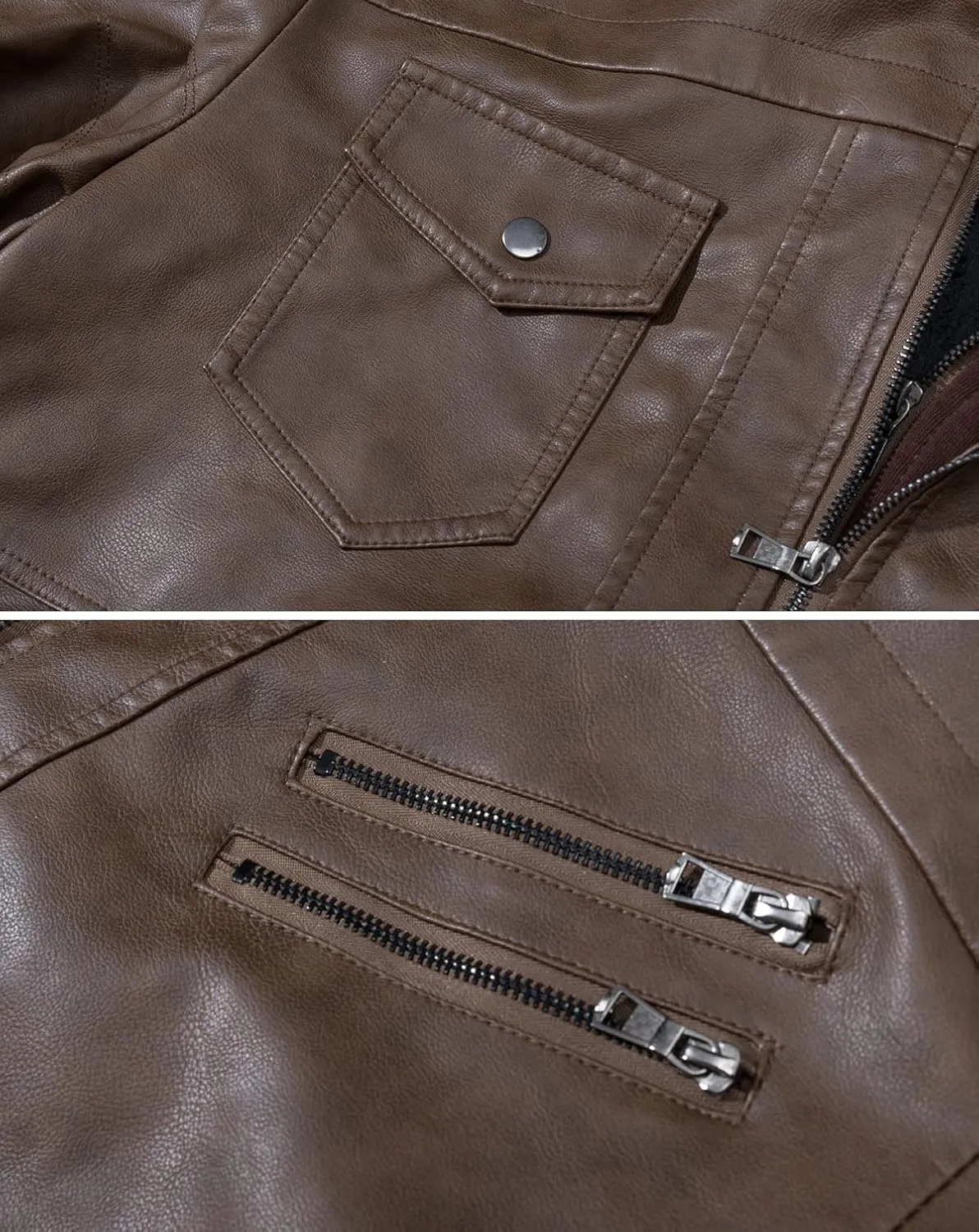 CARWORNIC Men's Faux Leather Jacket Casual Brown Motorcycle Jacket with Removable Hood