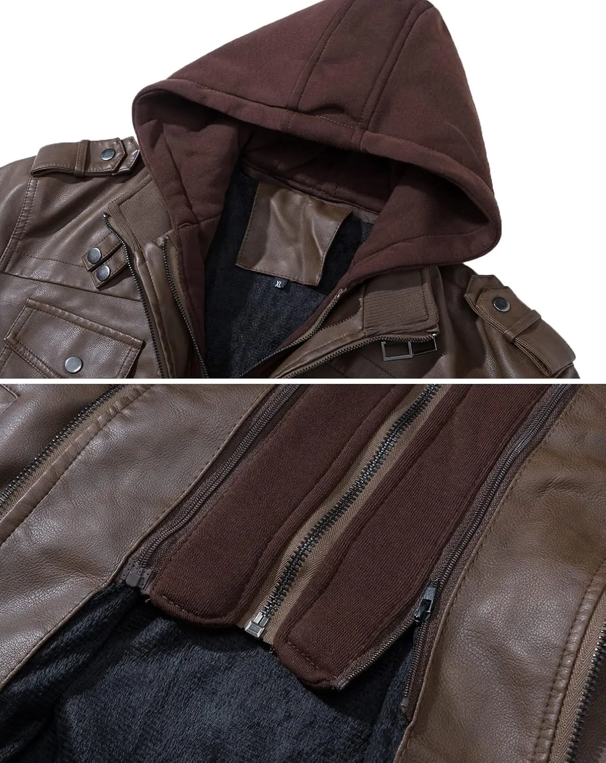 CARWORNIC Men's Faux Leather Jacket Casual Brown Motorcycle Jacket with Removable Hood