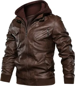 CARWORNIC Men's Faux Leather Jacket Casual Brown Motorcycle Jacket with Removable Hood