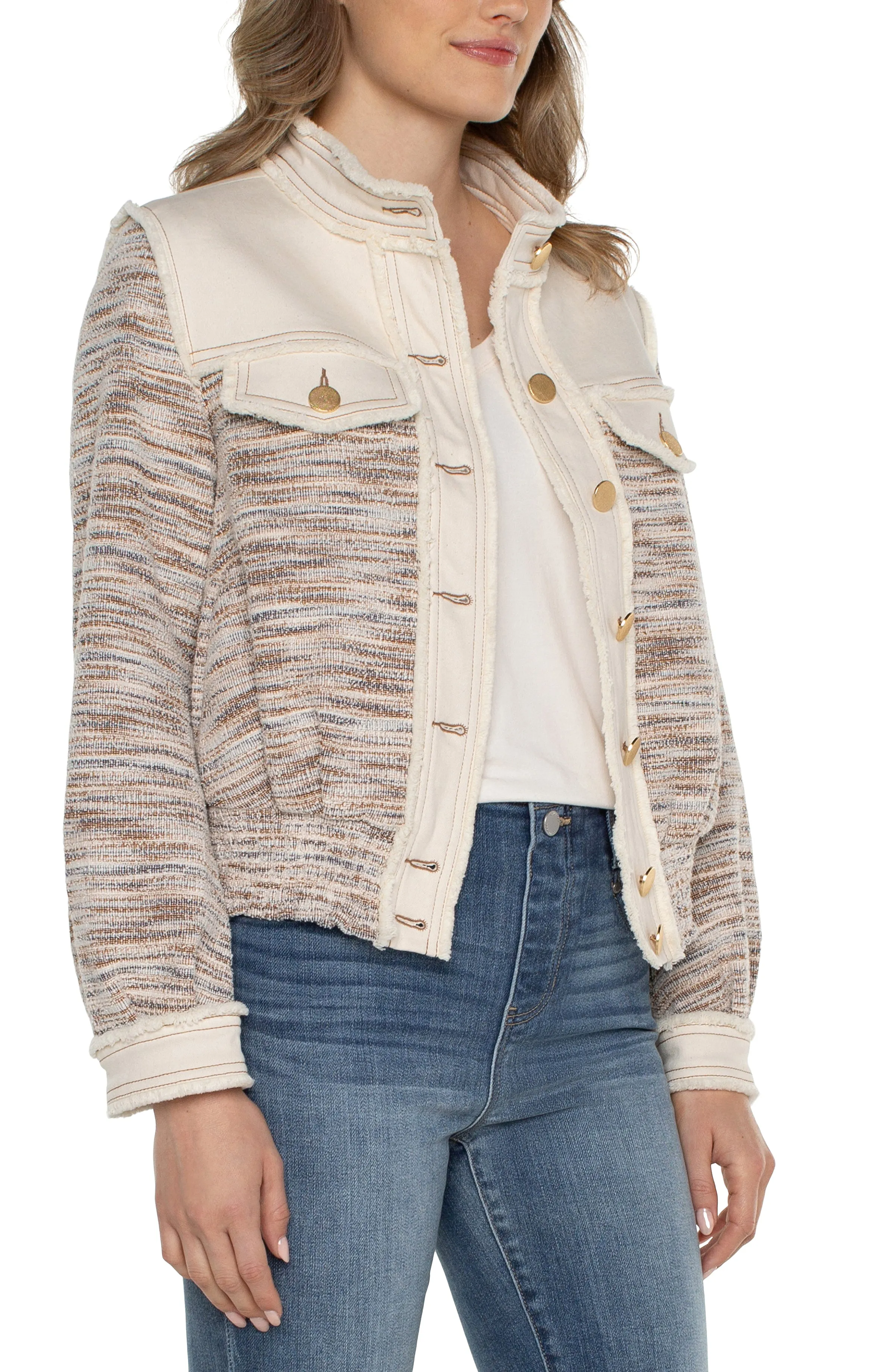 Catalina Cropped Boucle Mixed Media Fray Jacket - Liverpool Los Angeles LM1A31UA4