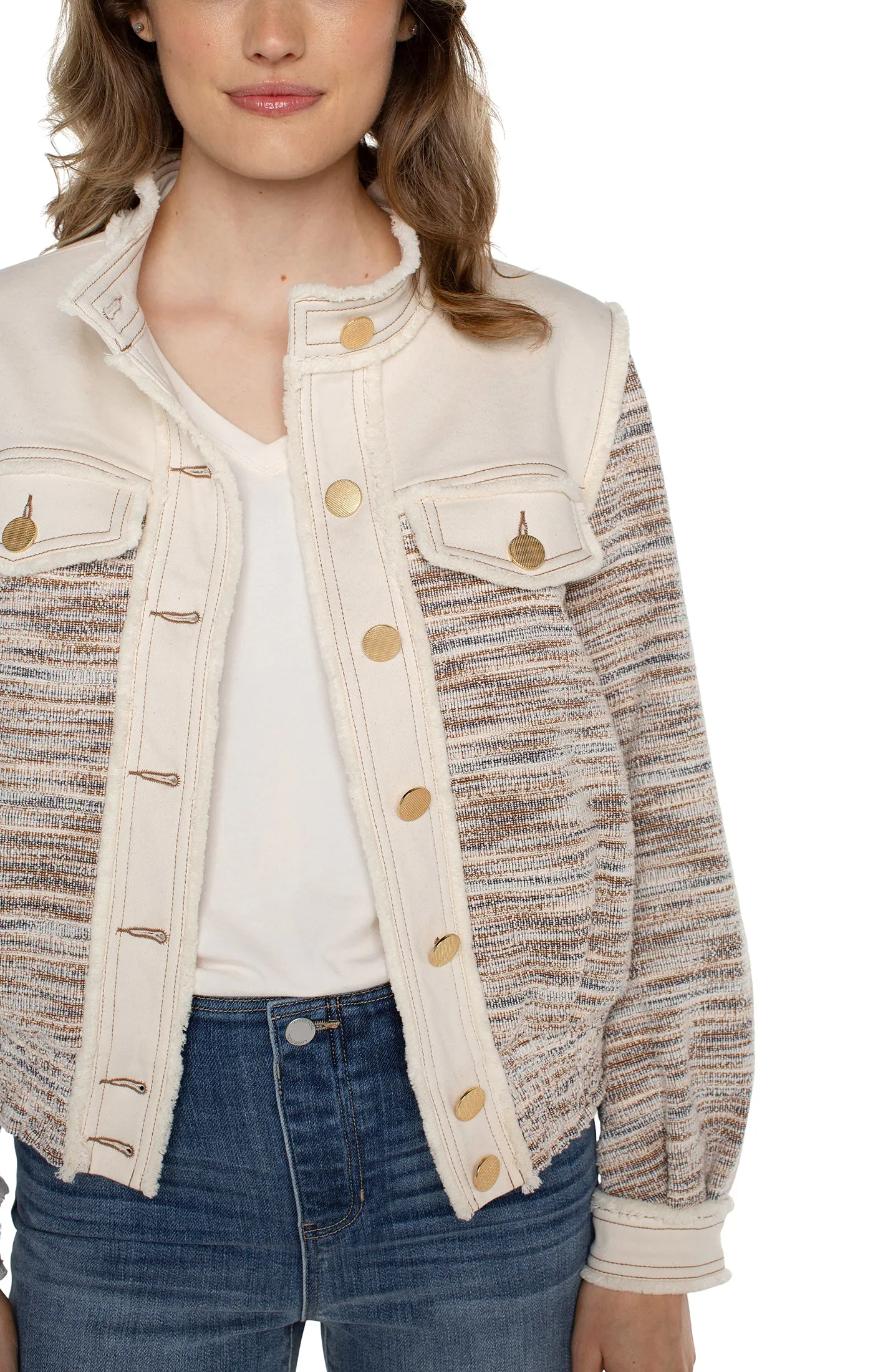 Catalina Cropped Boucle Mixed Media Fray Jacket - Liverpool Los Angeles LM1A31UA4