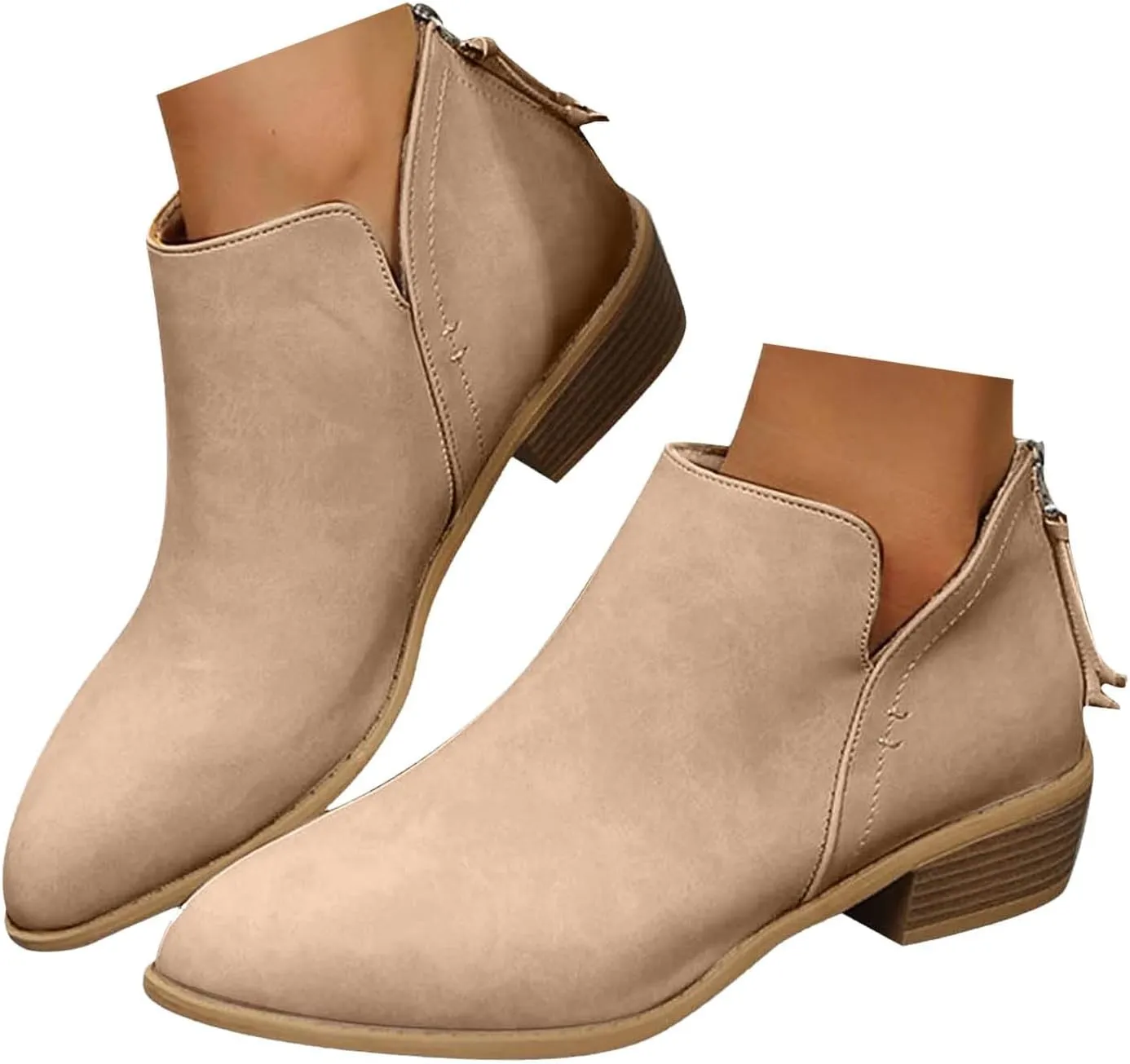 Cathalem Ankle Boots for Women Wide Calf Comfy V-Cutout Side Zip Low Heel Ankle BootiesVintage Leather Hiking Shoes