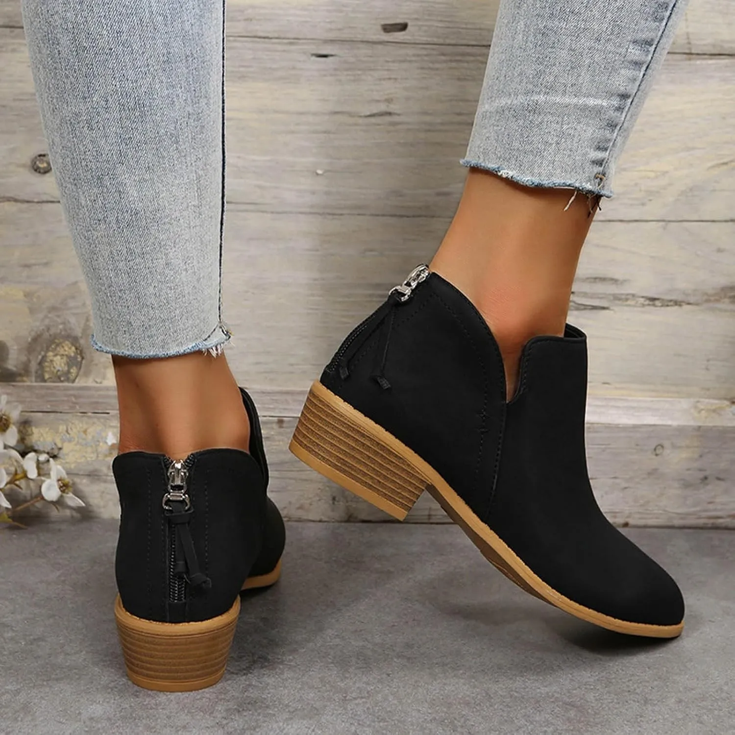 Cathalem Ankle Boots for Women Wide Calf Comfy V-Cutout Side Zip Low Heel Ankle BootiesVintage Leather Hiking Shoes