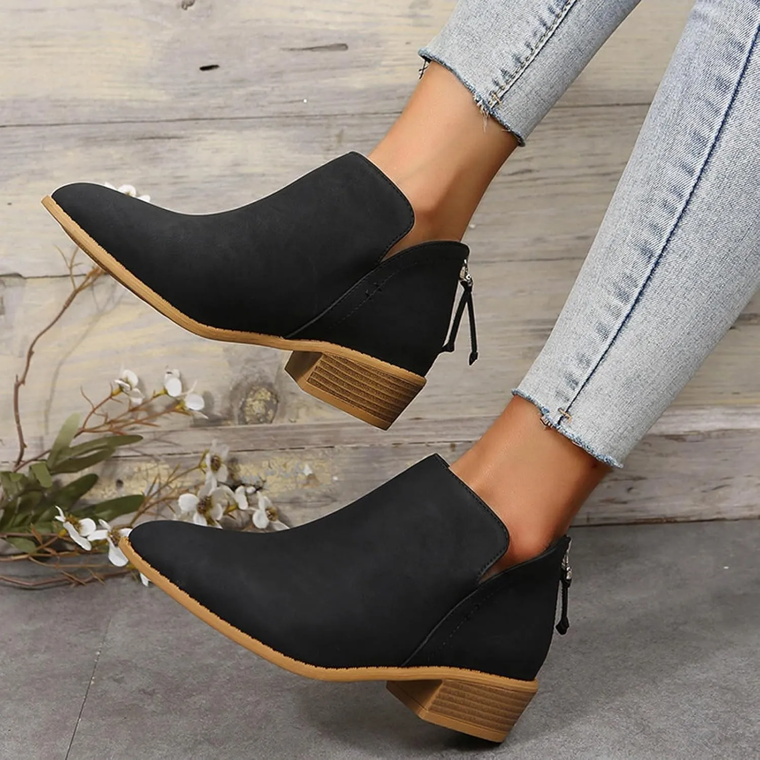 Cathalem Ankle Boots for Women Wide Calf Comfy V-Cutout Side Zip Low Heel Ankle BootiesVintage Leather Hiking Shoes
