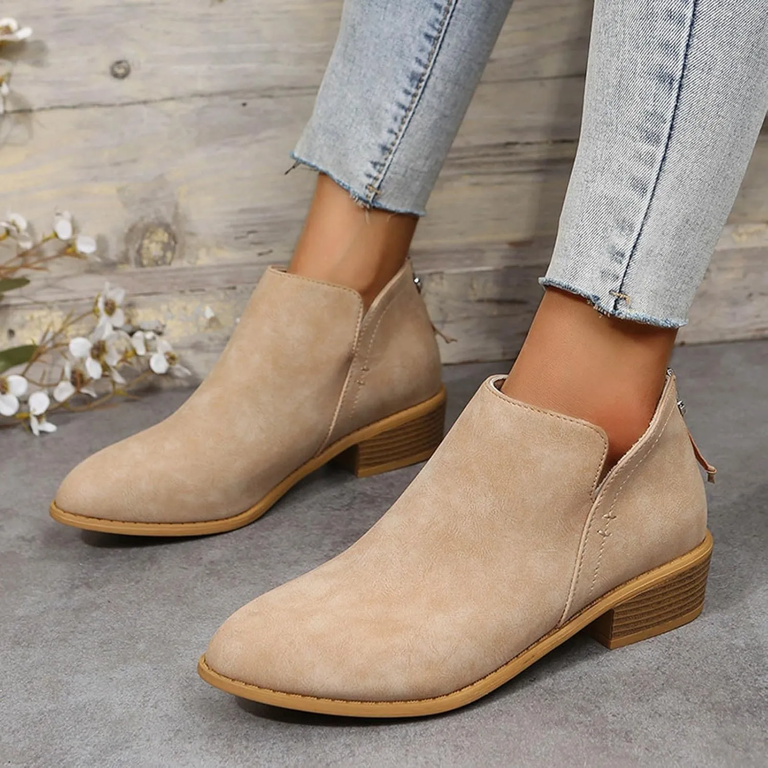 Cathalem Ankle Boots for Women Wide Calf Comfy V-Cutout Side Zip Low Heel Ankle BootiesVintage Leather Hiking Shoes