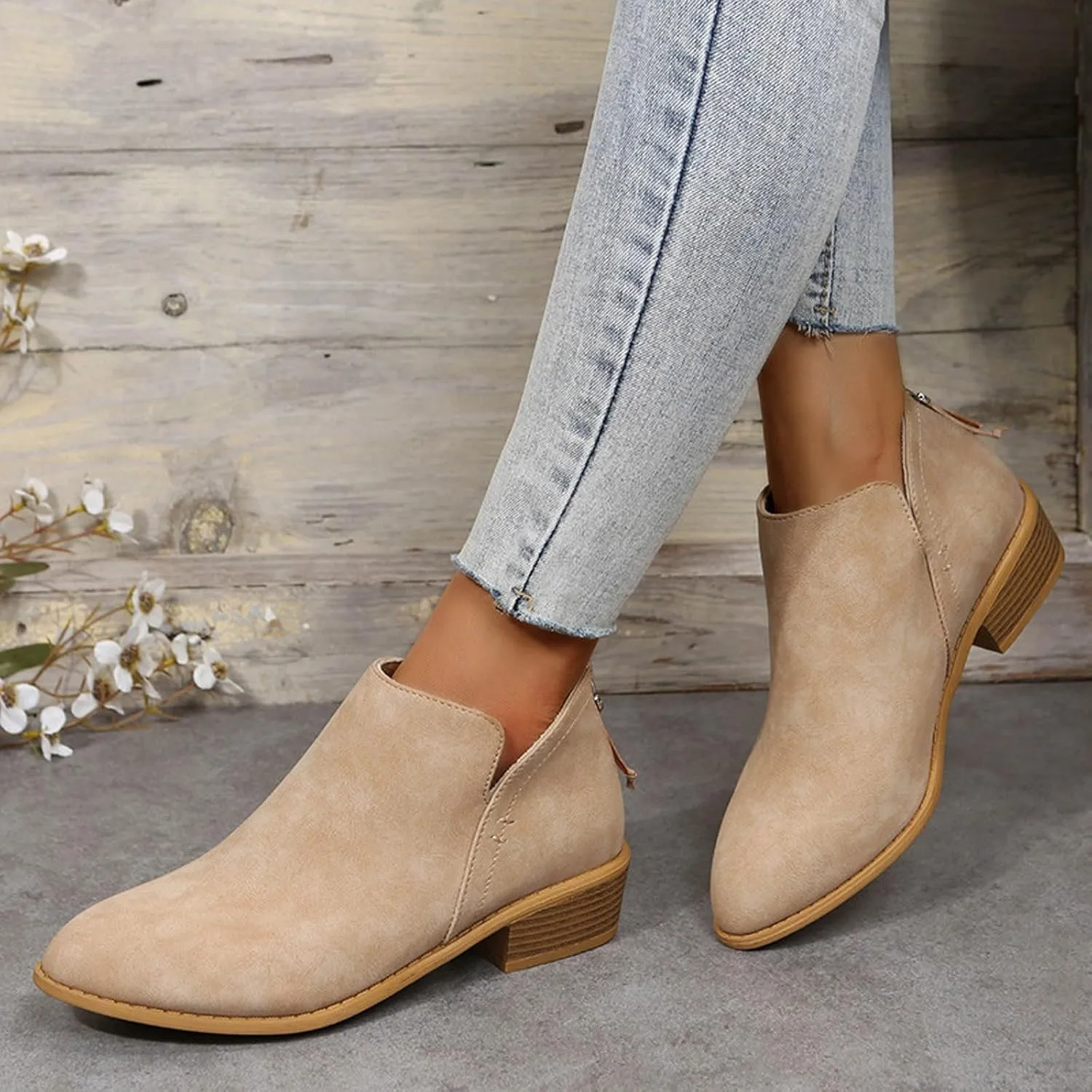 Cathalem Ankle Boots for Women Wide Calf Comfy V-Cutout Side Zip Low Heel Ankle BootiesVintage Leather Hiking Shoes