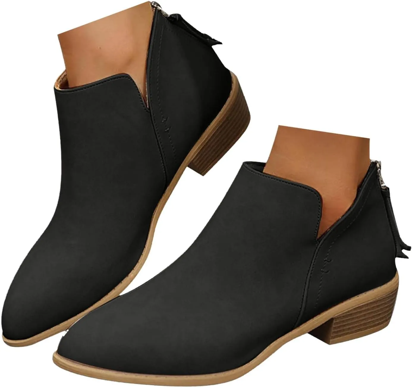 Cathalem Ankle Boots for Women Wide Calf Comfy V-Cutout Side Zip Low Heel Ankle BootiesVintage Leather Hiking Shoes