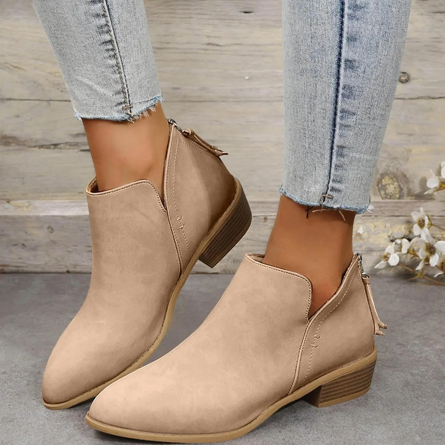 Cathalem Ankle Boots for Women Wide Calf Comfy V-Cutout Side Zip Low Heel Ankle BootiesVintage Leather Hiking Shoes