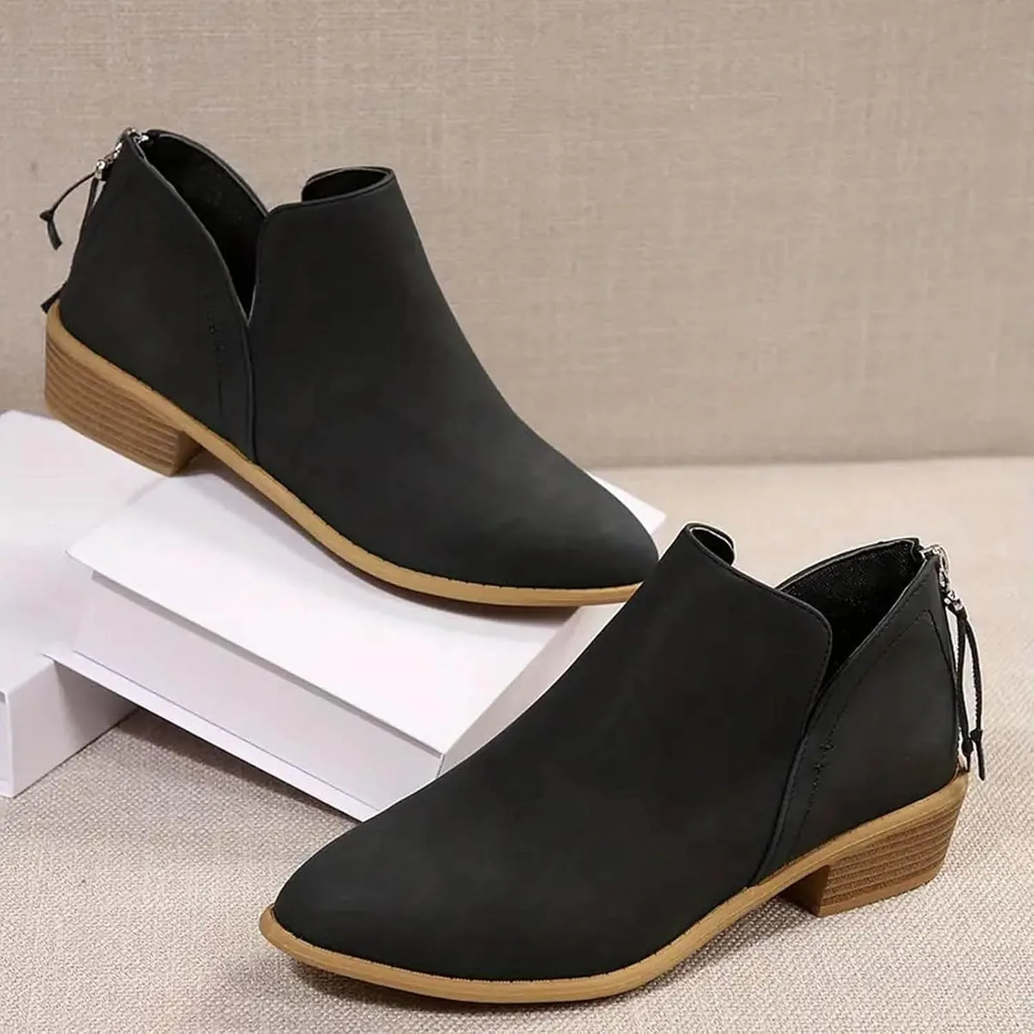 Cathalem Ankle Boots for Women Wide Calf Comfy V-Cutout Side Zip Low Heel Ankle BootiesVintage Leather Hiking Shoes