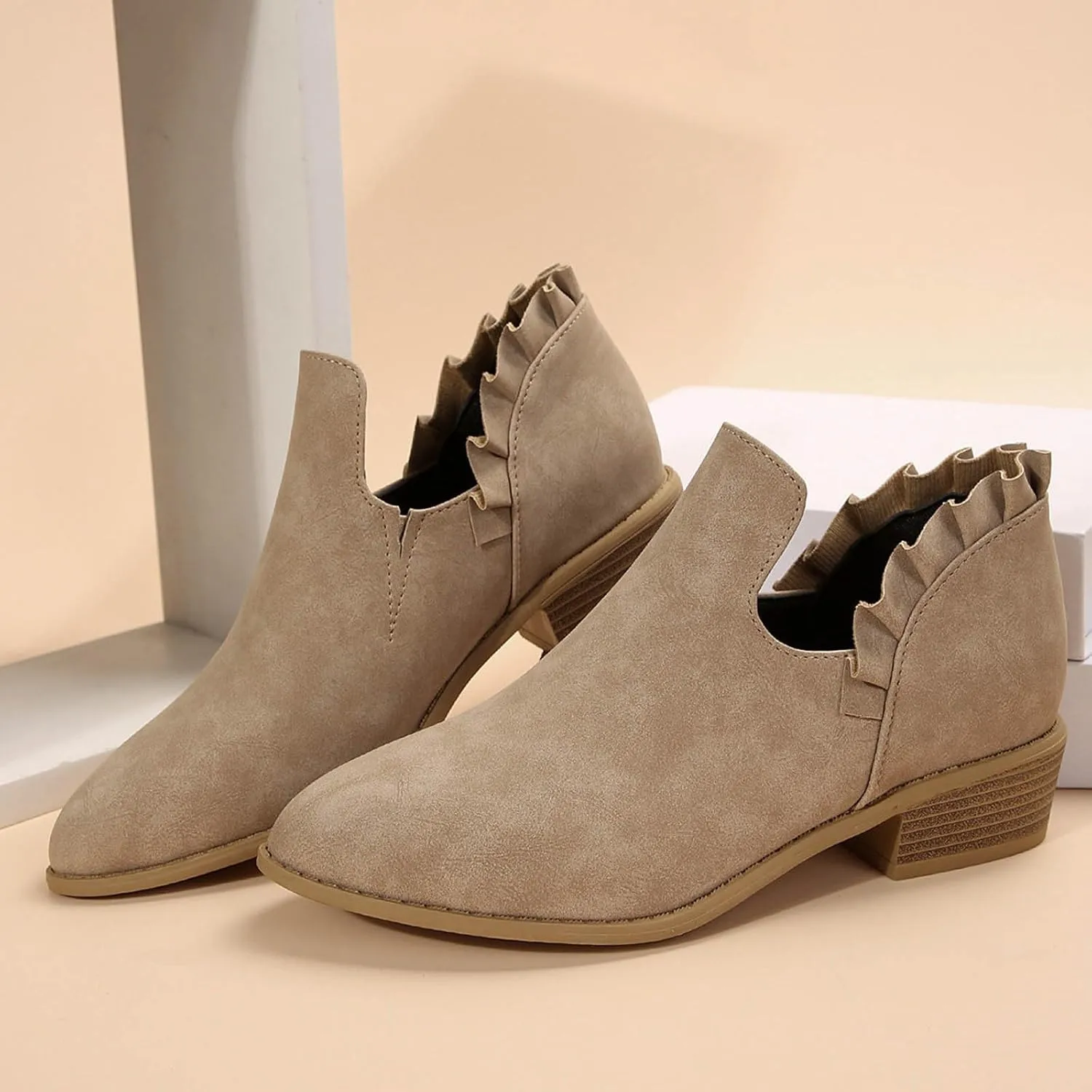 Cathalem Ankle Boots for Women, Womens Fall Cutout Booties Low Heels Stacked Ruffle Slip On Dress Short Boots Shoes