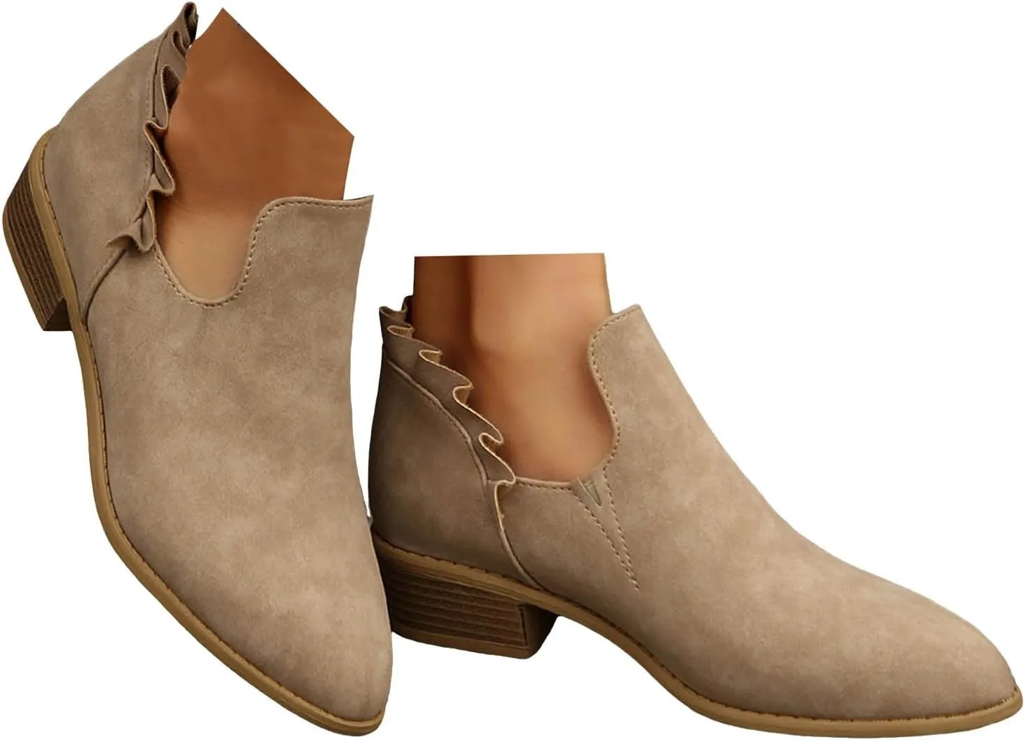 Cathalem Ankle Boots for Women, Womens Fall Cutout Booties Low Heels Stacked Ruffle Slip On Dress Short Boots Shoes