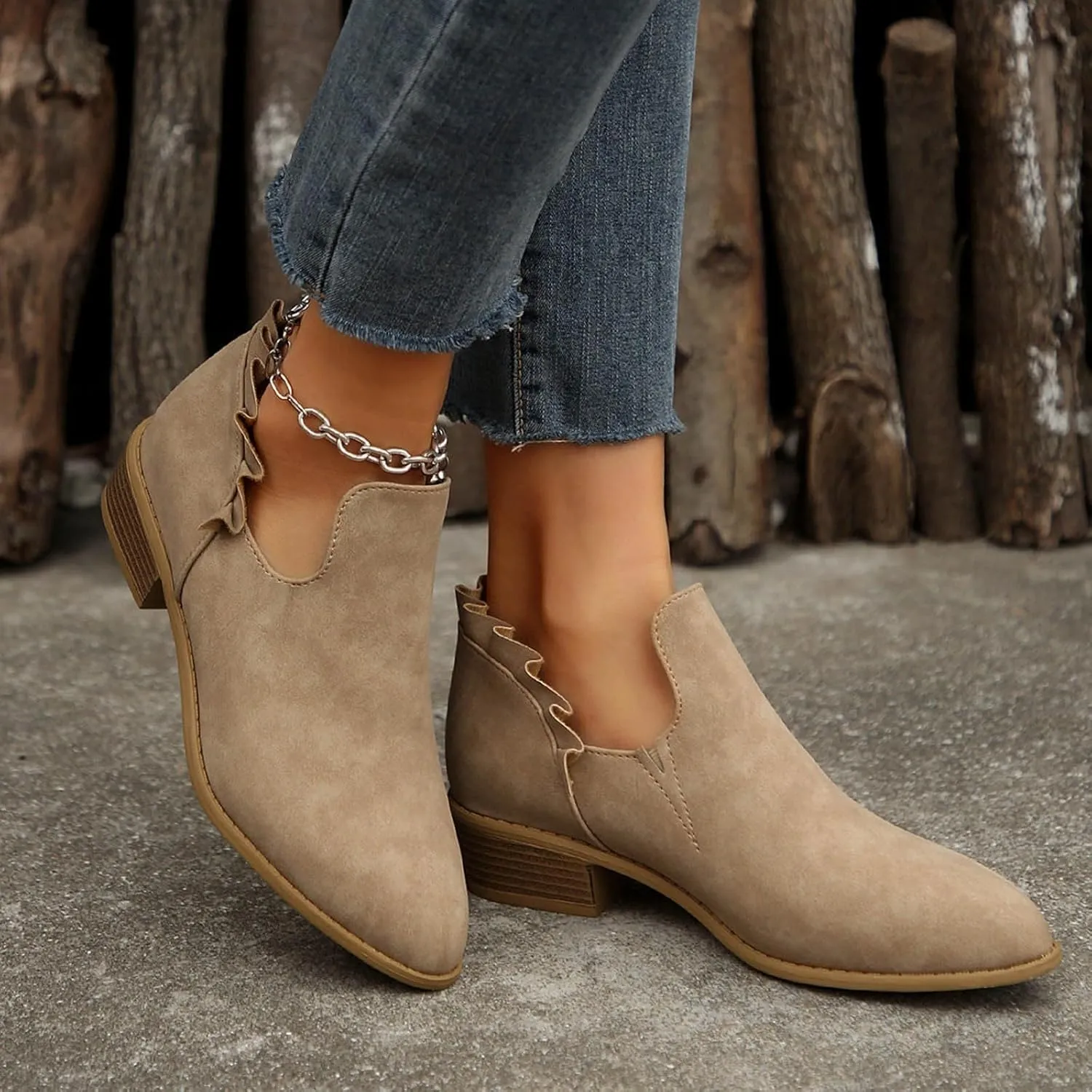 Cathalem Ankle Boots for Women, Womens Fall Cutout Booties Low Heels Stacked Ruffle Slip On Dress Short Boots Shoes