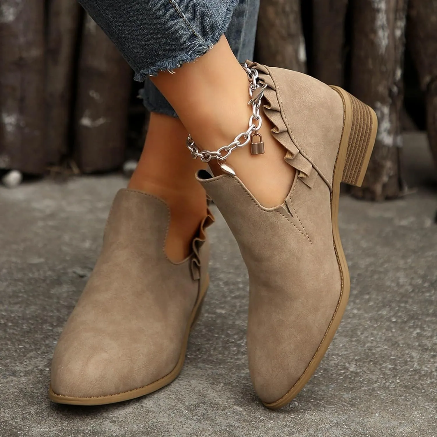 Cathalem Ankle Boots for Women, Womens Fall Cutout Booties Low Heels Stacked Ruffle Slip On Dress Short Boots Shoes