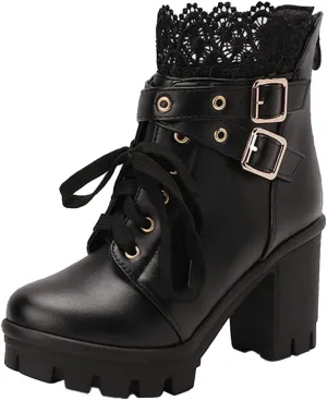 Cathalem Goth Boots for Women Fashion Lace Up Chunky Thick Heeled Booties Round Toe Fall Short Booties Womens Dress Boots