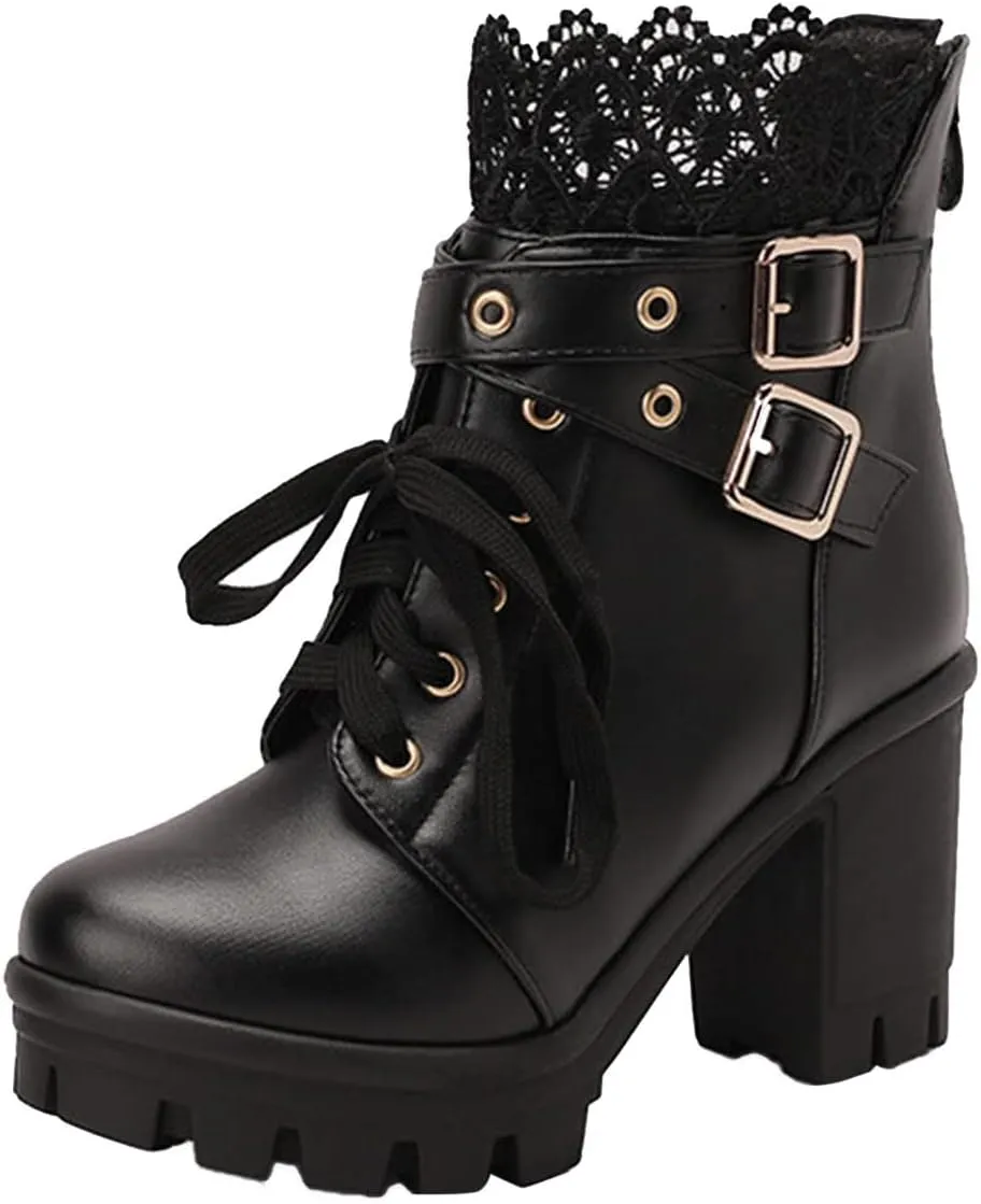 Cathalem Goth Boots for Women Fashion Lace Up Chunky Thick Heeled Booties Round Toe Fall Short Booties Womens Dress Boots