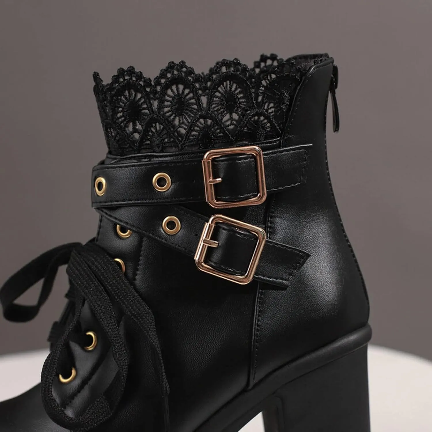Cathalem Goth Boots for Women Fashion Lace Up Chunky Thick Heeled Booties Round Toe Fall Short Booties Womens Dress Boots