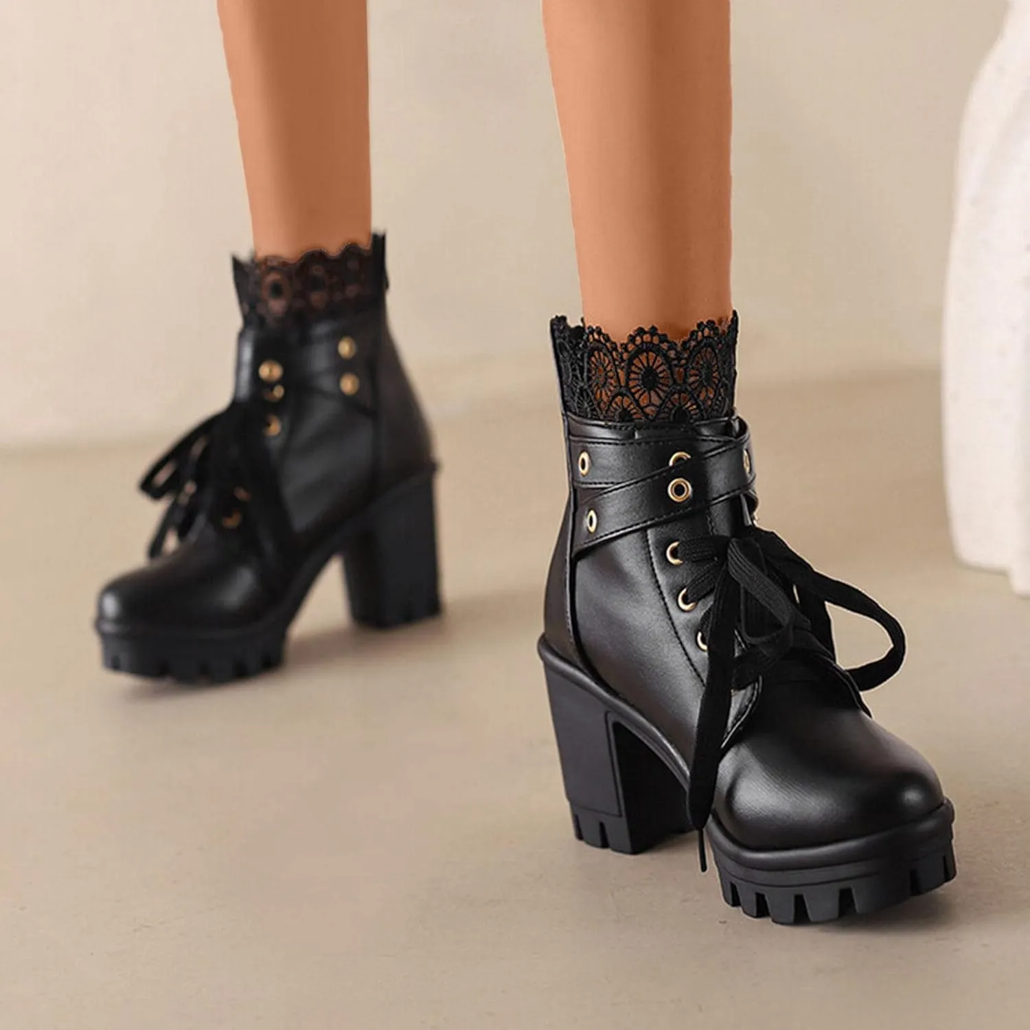 Cathalem Goth Boots for Women Fashion Lace Up Chunky Thick Heeled Booties Round Toe Fall Short Booties Womens Dress Boots