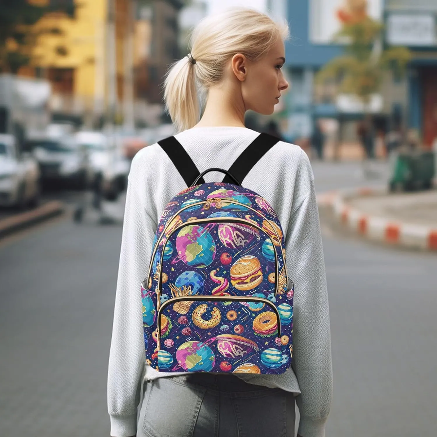 CHIFIGNO Cartoon Planets Fast Food Purse Backpack for Women Cute Backpack Travel Lightweight Backpacks Ladies Shoulder Bag Handbag