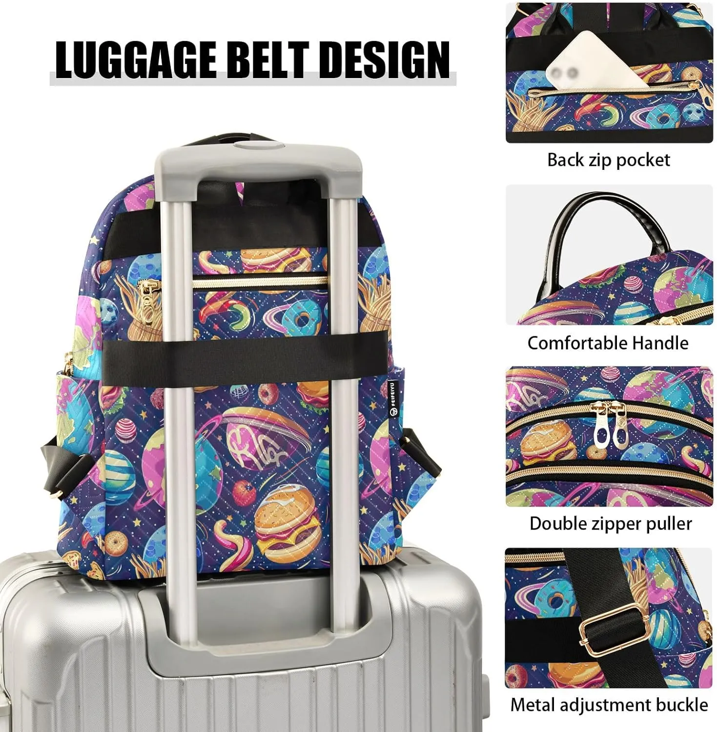 CHIFIGNO Cartoon Planets Fast Food Purse Backpack for Women Cute Backpack Travel Lightweight Backpacks Ladies Shoulder Bag Handbag