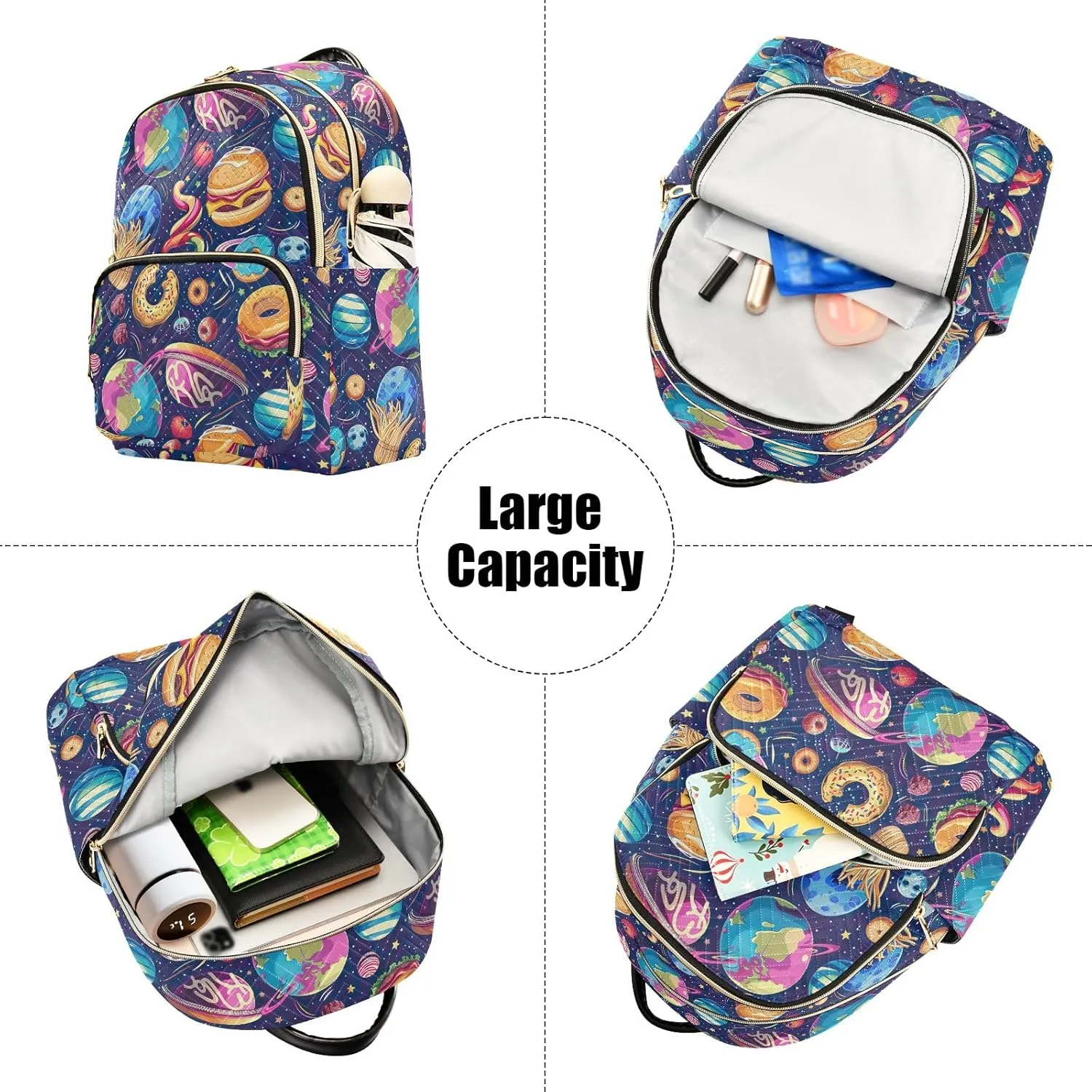 CHIFIGNO Cartoon Planets Fast Food Purse Backpack for Women Cute Backpack Travel Lightweight Backpacks Ladies Shoulder Bag Handbag