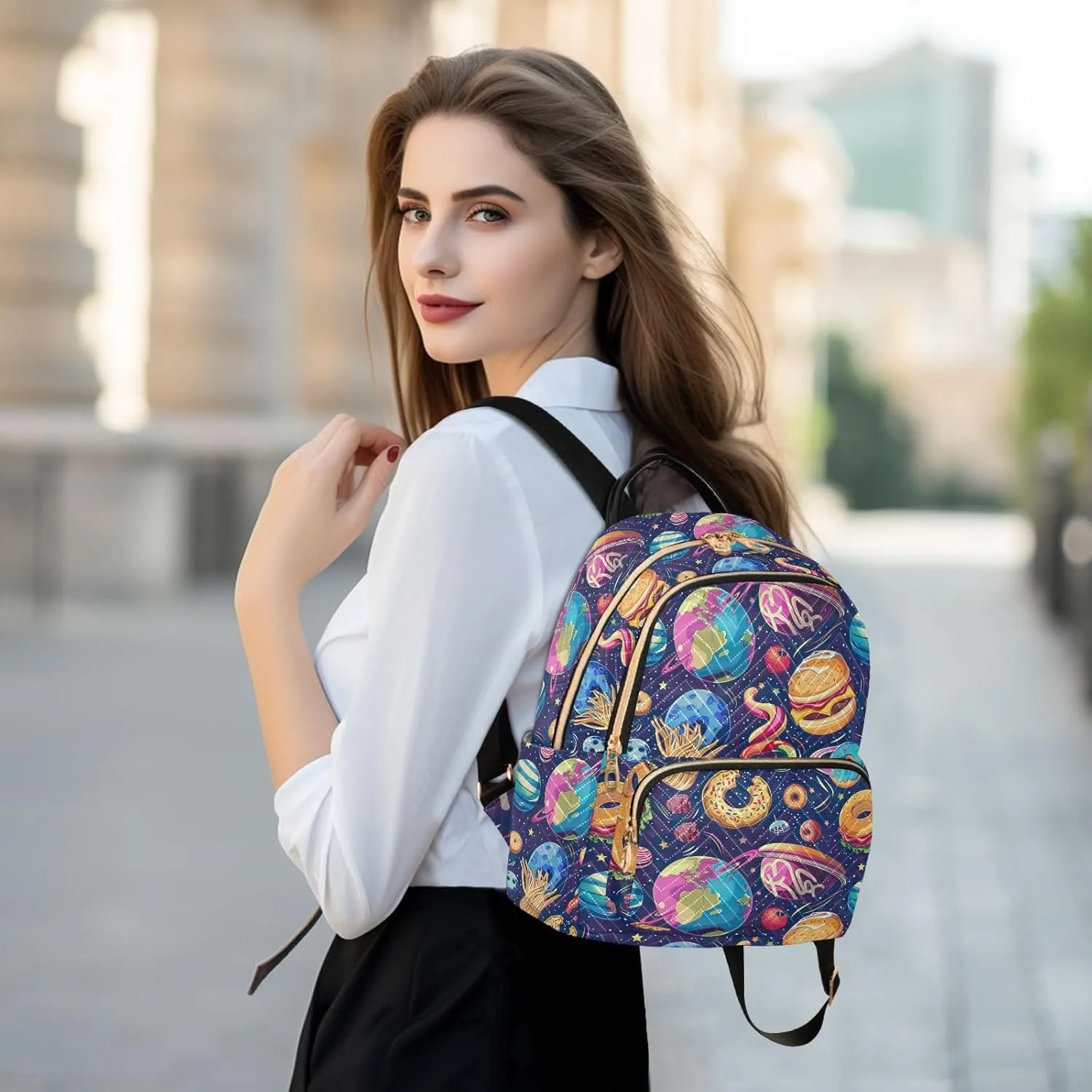 CHIFIGNO Cartoon Planets Fast Food Purse Backpack for Women Cute Backpack Travel Lightweight Backpacks Ladies Shoulder Bag Handbag
