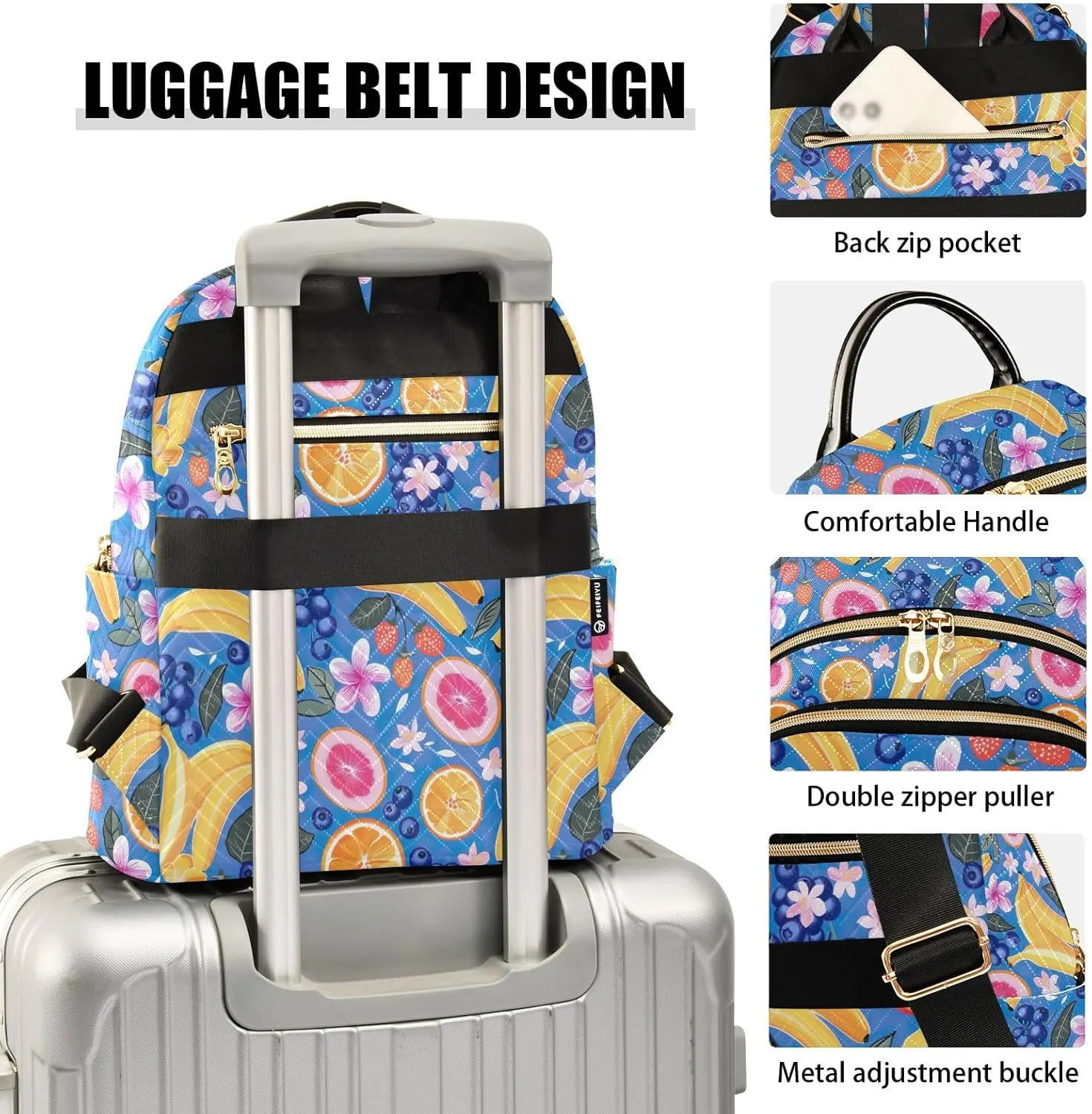 CHIFIGNO Women's Backpack Purse, Travel Lightweight Backpacks Blueberries Bananas Strawberries Cute Backpack Anti-theft Casual Shoulder Bag