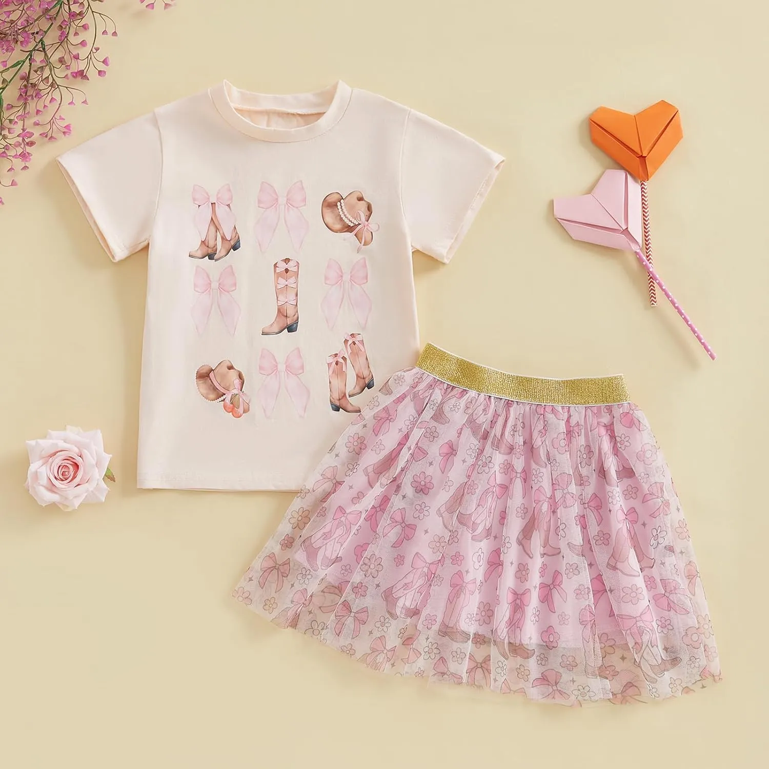 Chloefairy Western Toddler Baby Girl Summer Clothes Bow Boots Short Sleeve T-Shirt Tulle Tutu Skirt Set Kids Cowgirl Outfit