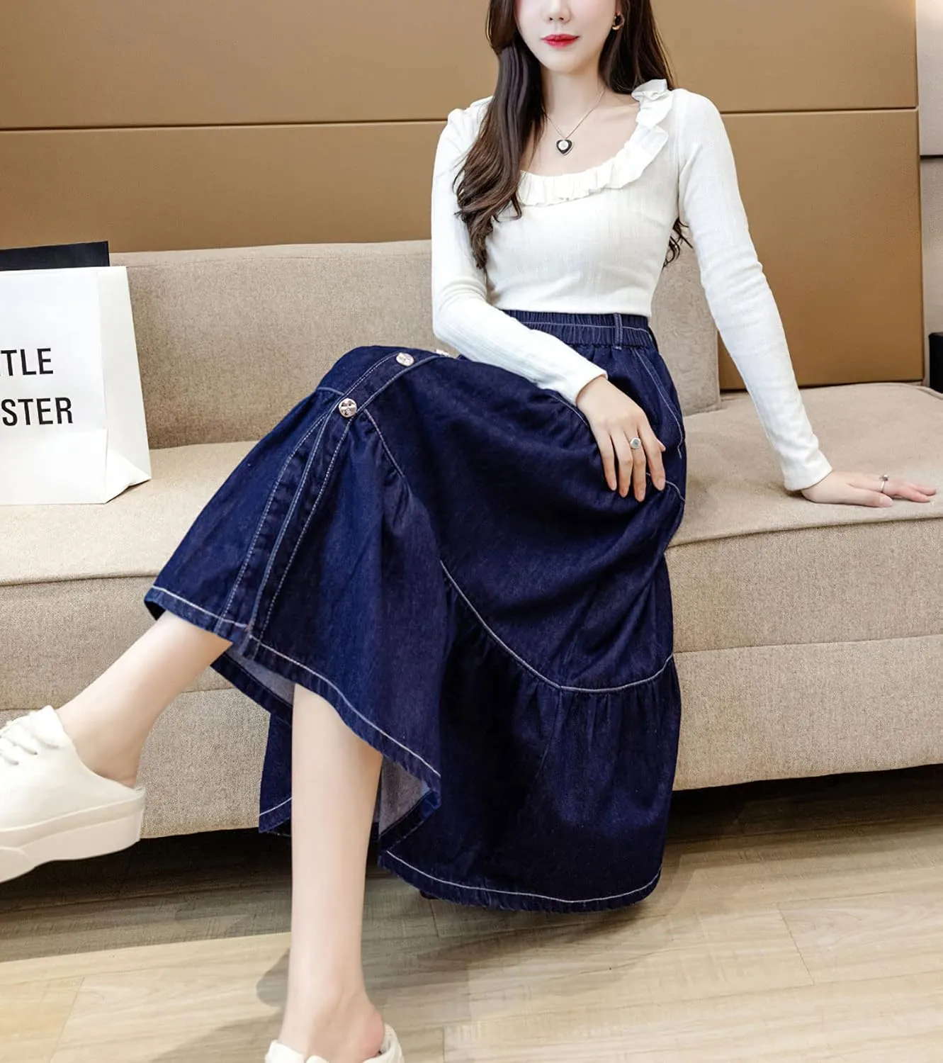 chouyatou Women's Elastic Waist Button Up Long Denim Skirt A-Line Tiered Jean Midi Skirt with Pockets